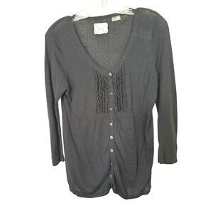 Linq Womens Black V-Neck Ruffled Front Button Up Cardigan 3/4 Sleeve Feminine